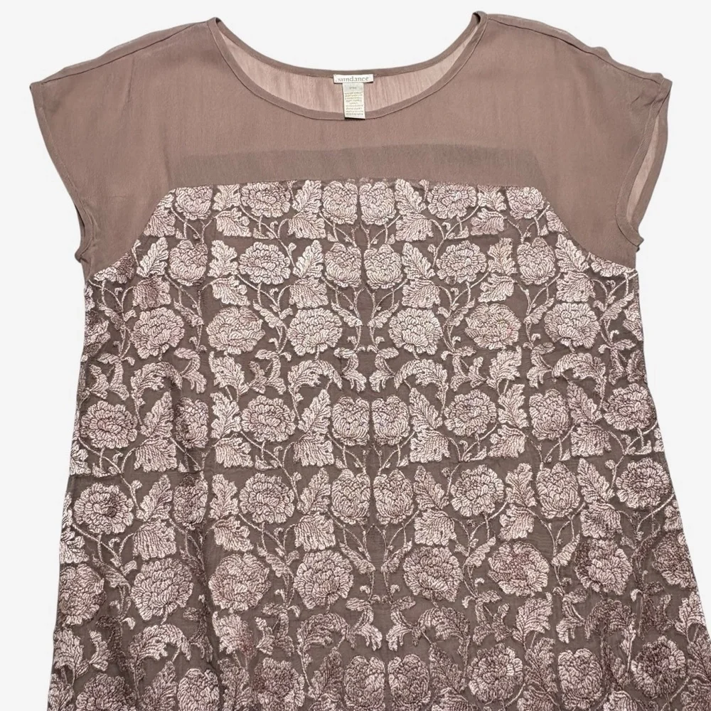 Sundance Angelica Dress Size PM Petite Medium Embroidered Overlay Lined Taupe